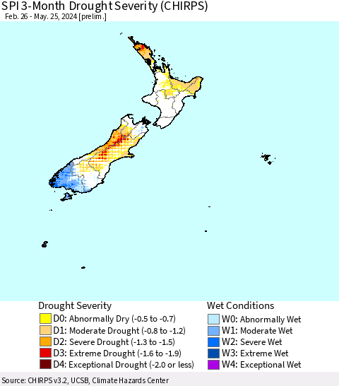 New Zealand SPI 3-Month Drought Severity (CHIRPS) Thematic Map For 2/26/2024 - 5/25/2024
