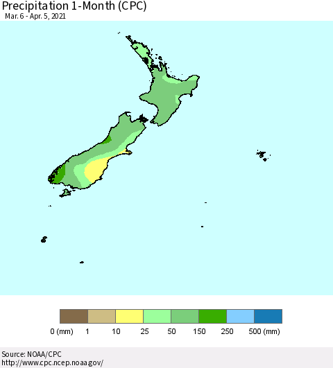 New Zealand Precipitation 1-Month (CPC) Thematic Map For 3/6/2021 - 4/5/2021