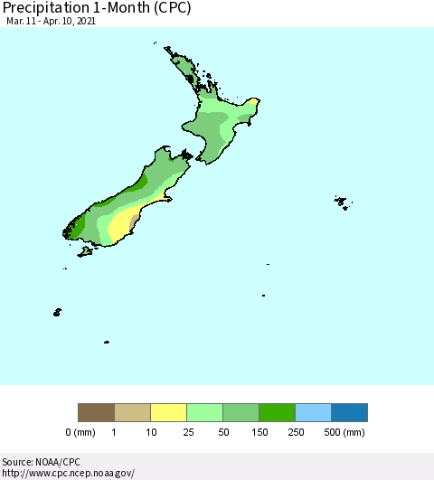 New Zealand Precipitation 1-Month (CPC) Thematic Map For 3/11/2021 - 4/10/2021