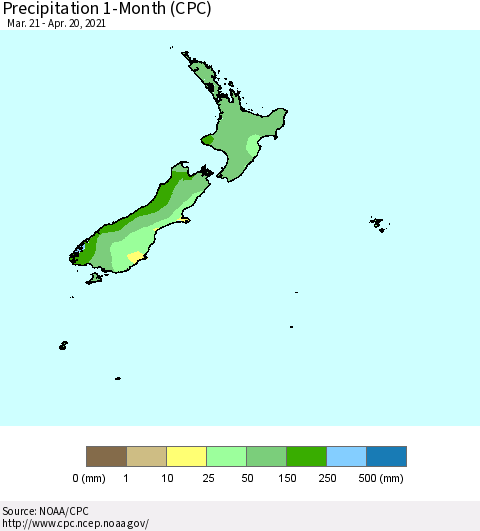 New Zealand Precipitation 1-Month (CPC) Thematic Map For 3/21/2021 - 4/20/2021