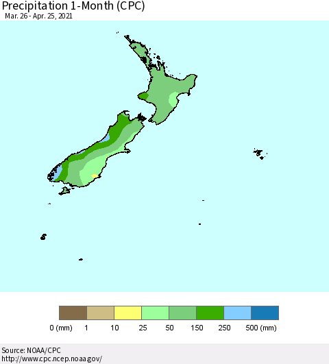 New Zealand Precipitation 1-Month (CPC) Thematic Map For 3/26/2021 - 4/25/2021