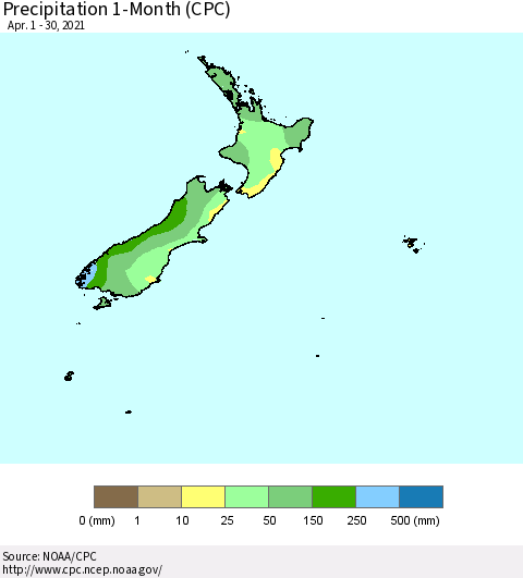 New Zealand Precipitation 1-Month (CPC) Thematic Map For 4/1/2021 - 4/30/2021