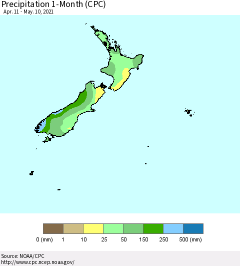 New Zealand Precipitation 1-Month (CPC) Thematic Map For 4/11/2021 - 5/10/2021
