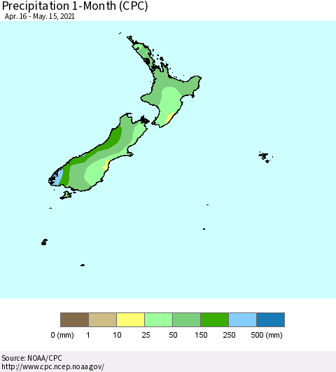 New Zealand Precipitation 1-Month (CPC) Thematic Map For 4/16/2021 - 5/15/2021