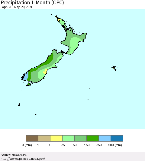 New Zealand Precipitation 1-Month (CPC) Thematic Map For 4/21/2021 - 5/20/2021