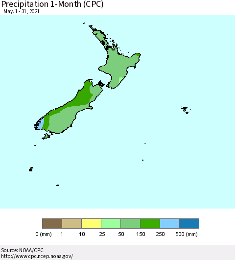 New Zealand Precipitation 1-Month (CPC) Thematic Map For 5/1/2021 - 5/31/2021