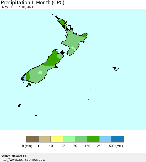 New Zealand Precipitation 1-Month (CPC) Thematic Map For 5/11/2021 - 6/10/2021