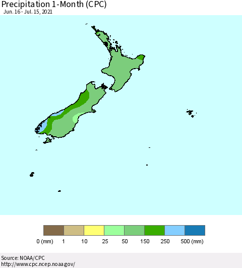 New Zealand Precipitation 1-Month (CPC) Thematic Map For 6/16/2021 - 7/15/2021