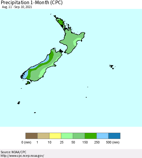 New Zealand Precipitation 1-Month (CPC) Thematic Map For 8/11/2021 - 9/10/2021