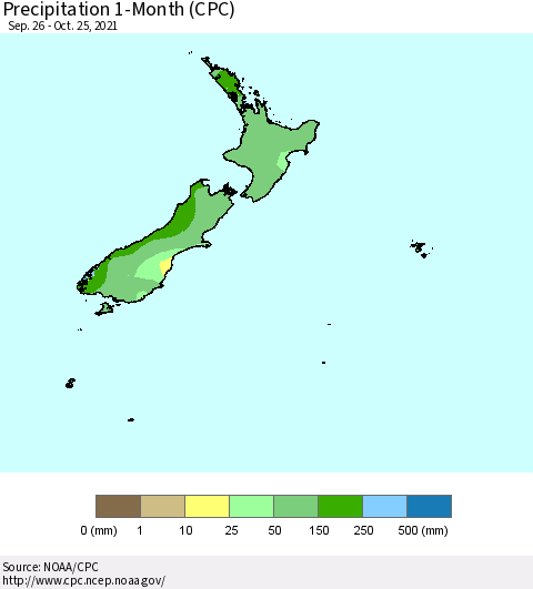 New Zealand Precipitation 1-Month (CPC) Thematic Map For 9/26/2021 - 10/25/2021