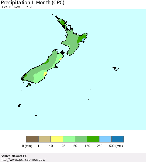 New Zealand Precipitation 1-Month (CPC) Thematic Map For 10/11/2021 - 11/10/2021