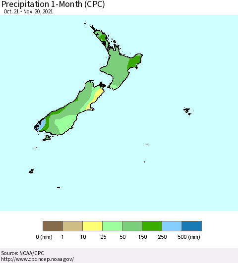 New Zealand Precipitation 1-Month (CPC) Thematic Map For 10/21/2021 - 11/20/2021