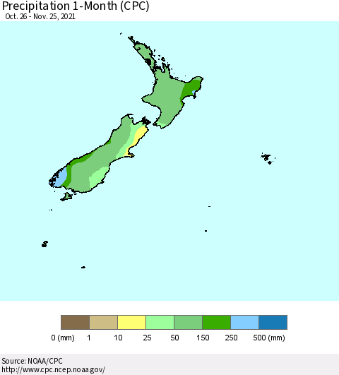 New Zealand Precipitation 1-Month (CPC) Thematic Map For 10/26/2021 - 11/25/2021