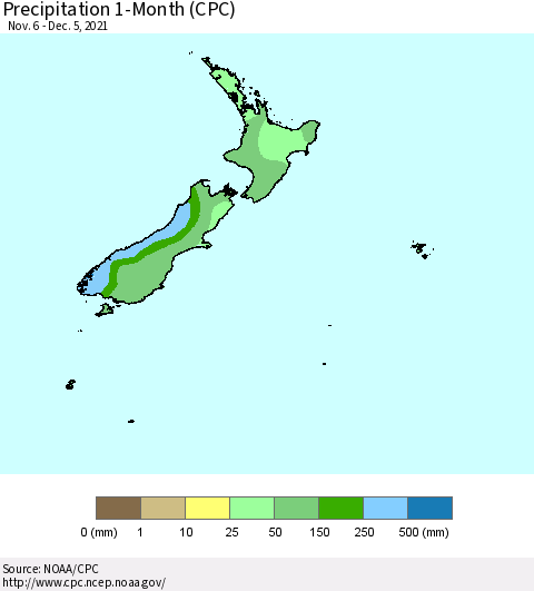 New Zealand Precipitation 1-Month (CPC) Thematic Map For 11/6/2021 - 12/5/2021