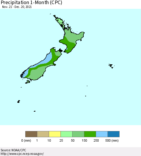 New Zealand Precipitation 1-Month (CPC) Thematic Map For 11/21/2021 - 12/20/2021