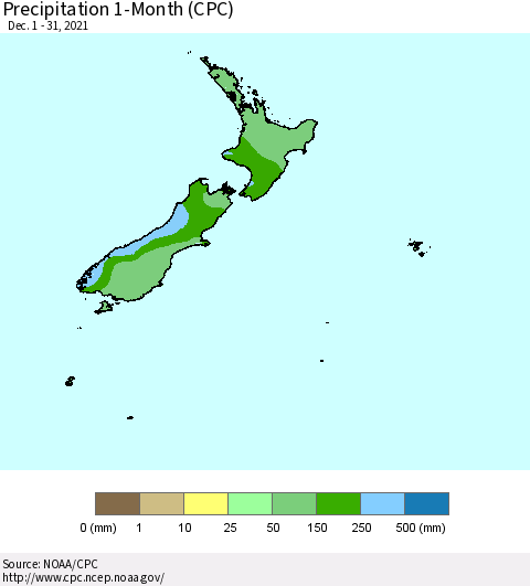 New Zealand Precipitation 1-Month (CPC) Thematic Map For 12/1/2021 - 12/31/2021
