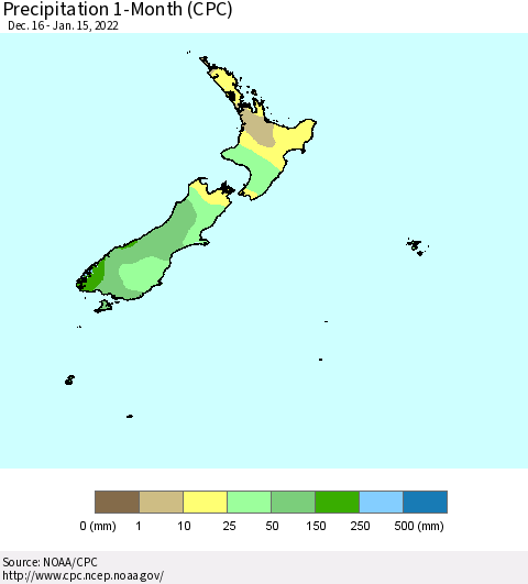 New Zealand Precipitation 1-Month (CPC) Thematic Map For 12/16/2021 - 1/15/2022