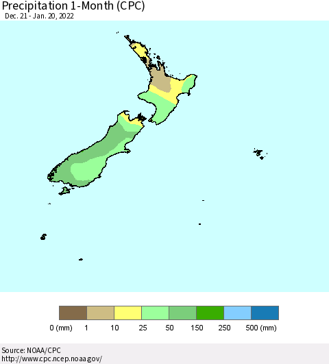 New Zealand Precipitation 1-Month (CPC) Thematic Map For 12/21/2021 - 1/20/2022
