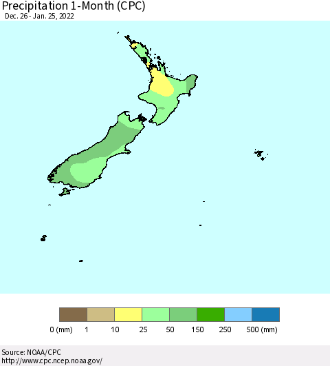 New Zealand Precipitation 1-Month (CPC) Thematic Map For 12/26/2021 - 1/25/2022