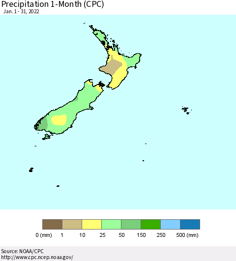 New Zealand Precipitation 1-Month (CPC) Thematic Map For 1/1/2022 - 1/31/2022