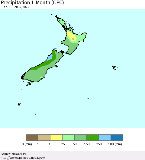 New Zealand Precipitation 1-Month (CPC) Thematic Map For 1/6/2022 - 2/5/2022