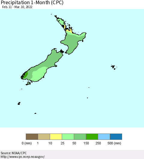 New Zealand Precipitation 1-Month (CPC) Thematic Map For 2/11/2022 - 3/10/2022