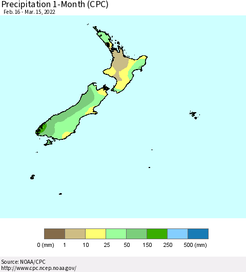 New Zealand Precipitation 1-Month (CPC) Thematic Map For 2/16/2022 - 3/15/2022