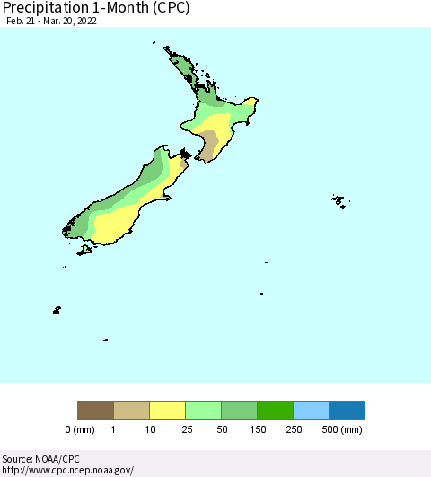 New Zealand Precipitation 1-Month (CPC) Thematic Map For 2/21/2022 - 3/20/2022