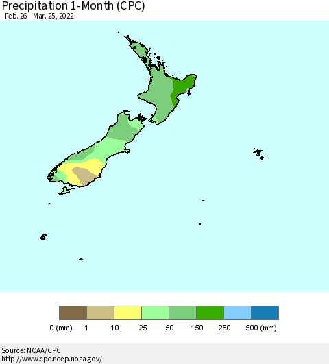 New Zealand Precipitation 1-Month (CPC) Thematic Map For 2/26/2022 - 3/25/2022