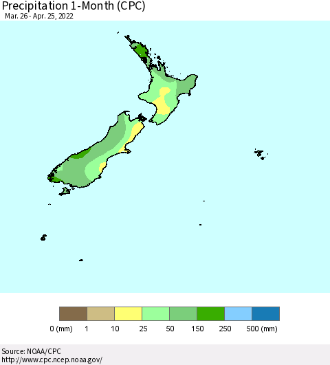 New Zealand Precipitation 1-Month (CPC) Thematic Map For 3/26/2022 - 4/25/2022