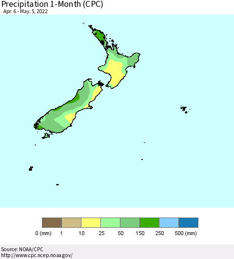 New Zealand Precipitation 1-Month (CPC) Thematic Map For 4/6/2022 - 5/5/2022