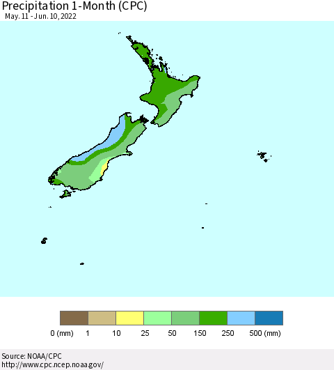 New Zealand Precipitation 1-Month (CPC) Thematic Map For 5/11/2022 - 6/10/2022