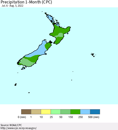 New Zealand Precipitation 1-Month (CPC) Thematic Map For 7/6/2022 - 8/5/2022