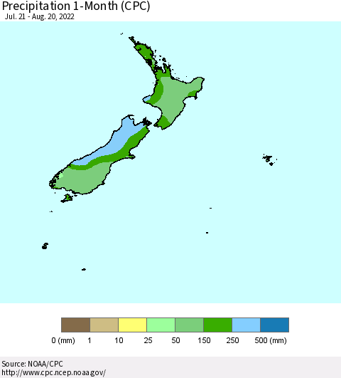 New Zealand Precipitation 1-Month (CPC) Thematic Map For 7/21/2022 - 8/20/2022