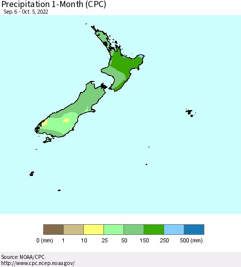 New Zealand Precipitation 1-Month (CPC) Thematic Map For 9/6/2022 - 10/5/2022