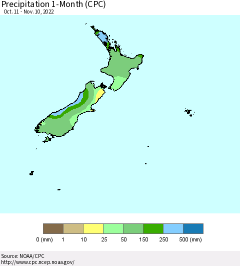 New Zealand Precipitation 1-Month (CPC) Thematic Map For 10/11/2022 - 11/10/2022
