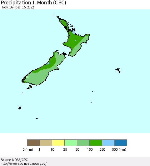 New Zealand Precipitation 1-Month (CPC) Thematic Map For 11/16/2022 - 12/15/2022