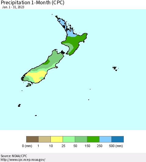 New Zealand Precipitation 1-Month (CPC) Thematic Map For 1/1/2023 - 1/31/2023
