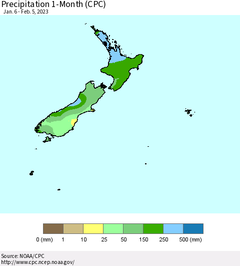 New Zealand Precipitation 1-Month (CPC) Thematic Map For 1/6/2023 - 2/5/2023