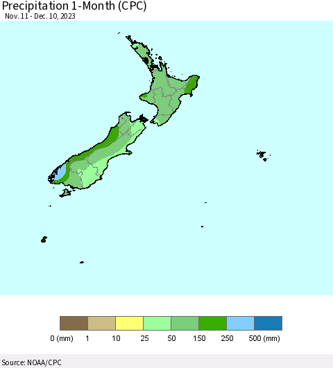 New Zealand Precipitation 1-Month (CPC) Thematic Map For 11/11/2023 - 12/10/2023