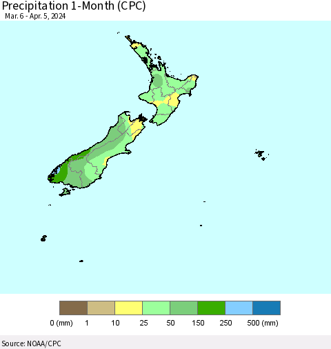 New Zealand Precipitation 1-Month (CPC) Thematic Map For 3/6/2024 - 4/5/2024