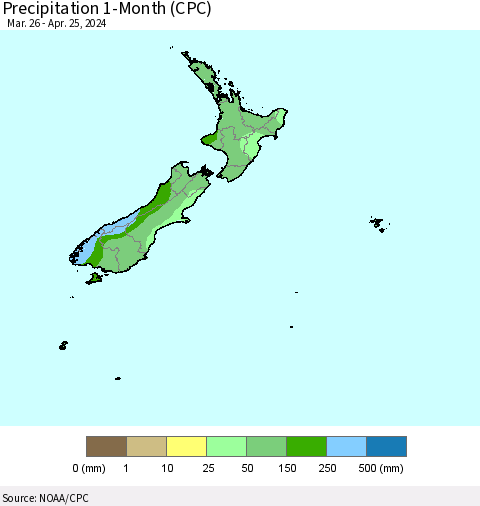 New Zealand Precipitation 1-Month (CPC) Thematic Map For 3/26/2024 - 4/25/2024