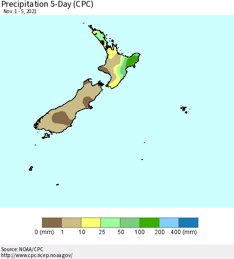 New Zealand Precipitation 5-Day (CPC) Thematic Map For 11/1/2021 - 11/5/2021