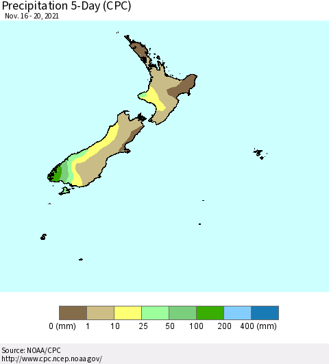New Zealand Precipitation 5-Day (CPC) Thematic Map For 11/16/2021 - 11/20/2021