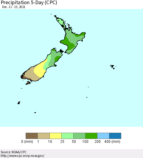 New Zealand Precipitation 5-Day (CPC) Thematic Map For 12/11/2021 - 12/15/2021