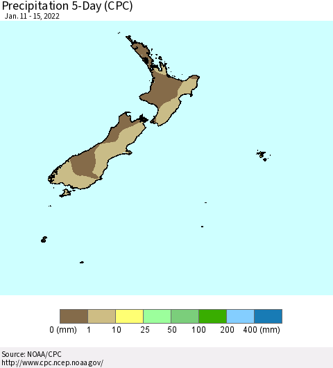 New Zealand Precipitation 5-Day (CPC) Thematic Map For 1/11/2022 - 1/15/2022