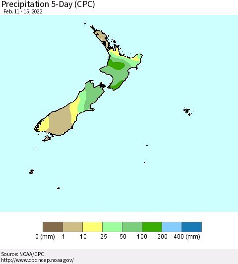 New Zealand Precipitation 5-Day (CPC) Thematic Map For 2/11/2022 - 2/15/2022