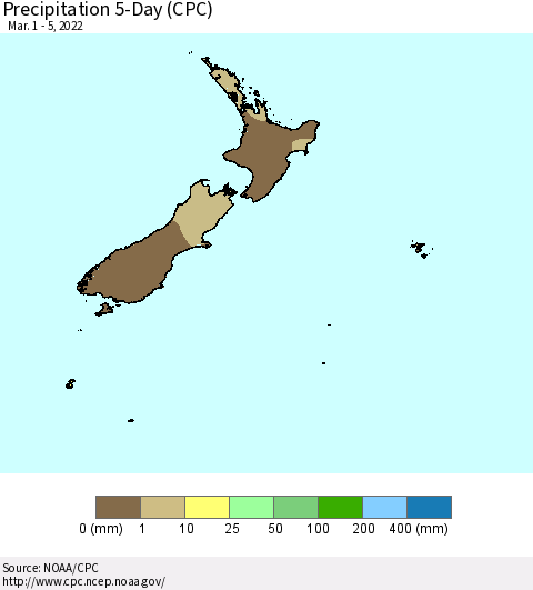 New Zealand Precipitation 5-Day (CPC) Thematic Map For 3/1/2022 - 3/5/2022