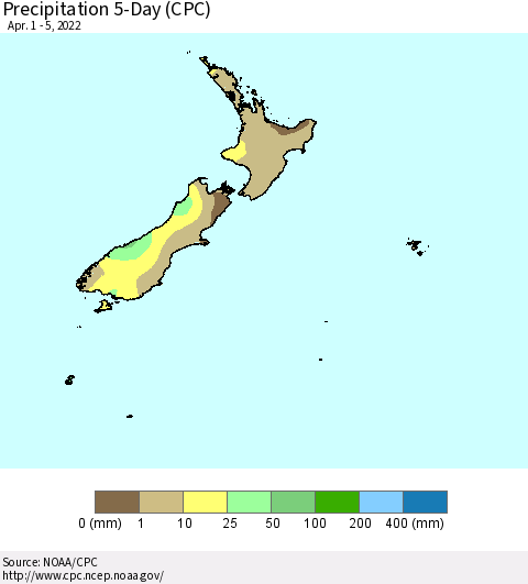 New Zealand Precipitation 5-Day (CPC) Thematic Map For 4/1/2022 - 4/5/2022