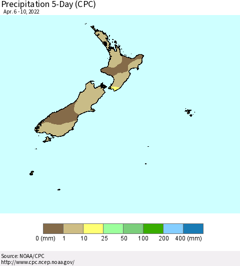 New Zealand Precipitation 5-Day (CPC) Thematic Map For 4/6/2022 - 4/10/2022